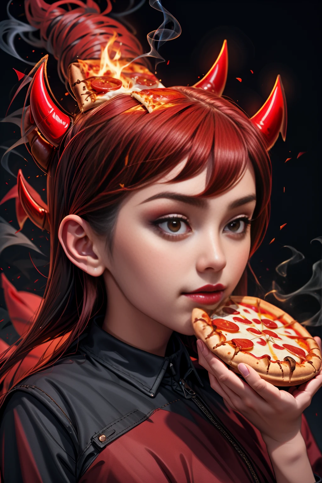 Sexy and cute devil with fuchsia hair eating a hamburger 