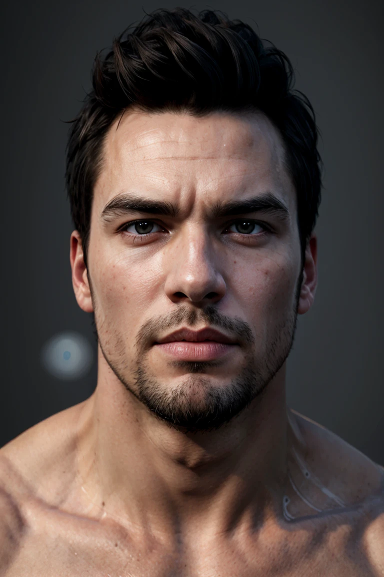 bdo_warrior, game screenshot, 1man, portrait, front view, looking at viewer, short black hair, facial hair, thick eyebrows, red eyes, grey background, masterpiece, perfect anatomy, perfect face, detailed face, handsome face, 8k, best quality, detailed image, photographic image<lora:EMS-299807-EMS:0.800000>