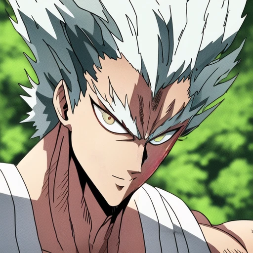 garou, anime, one punch, 1boy, upper body, male focus, solo, spiked hair, white hair, looking at viewer, serious, <lora:Garou:0.8>