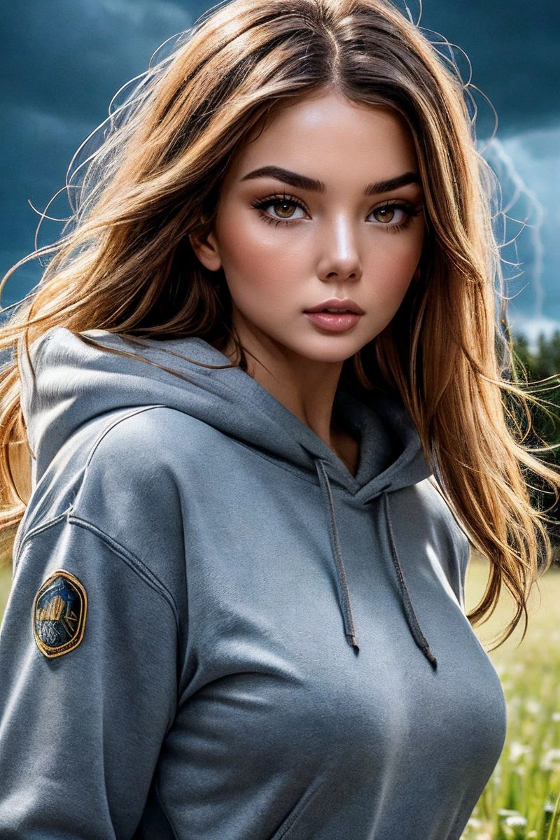headshot of S345_VeraGudkova,a gorgeous woman,on a (field:1.1),wearing a (hoodie:1.1),(thunderstorm),(4k, RAW photo, best quality, depth of field, ultra high res:1.1),(absurdres, intricate, photorealistic, masterpiece, ultra-detailed:1.1),