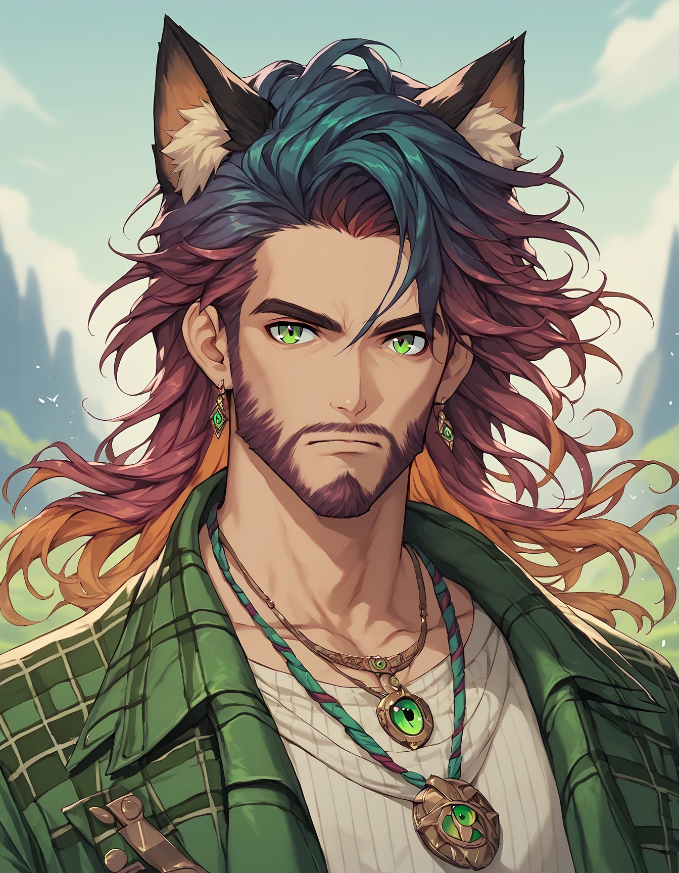 score_9, score_8_up, score_7_up, score_6_up, score_5_up, score_4_up, 1boy, mature, long face, oval shaped face, animal ears, beard, cat ear, animal ears, facial hair, green eyes, green leather jacket, white shirt, scottish plaid kilt, auburn hair, ombre hair, gradient hair, black hair, blue hair, two tone hair, striped hair, dyed bangs, red hair, purple hair, green hair, orange hair, pink hair, multicolored hair, shiny skin, detailed eyes, long hair, wild hair, necklace, male focus, solo, upper body, wind swept hair, celtic background, outdoors, ireland, dusk