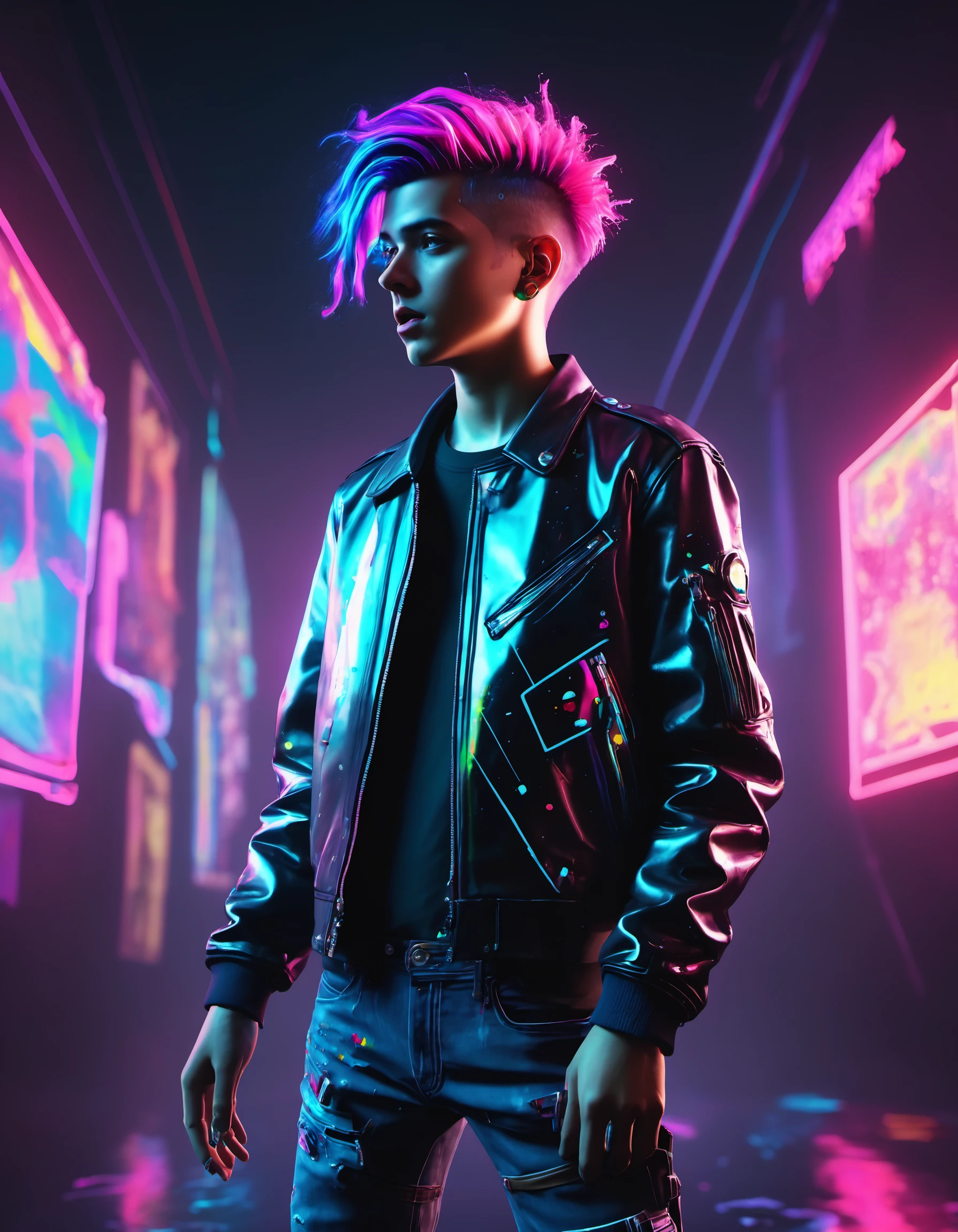 1boy, synthwave, vaporwave, synthwave punk, nvinkpunk, masterpiece, best_quality, ultra-detailed, epic, illustration, render, volumetric lighting, LoFi Aesthetic, Neon Rainbow Cyberpunk man, leather jacket, rainbow hair, tshirt, jeans, fantasy, lens flare, light leak, prismastic, Unreal Engine 5, side-lighting, realistic, cinematic lighting, rim lighting, cinematic angle, foreshortening, dark, dark background, masterpiece, best quality, SplatterPunk, <lora:SplatterPunkAlphaLora:1>