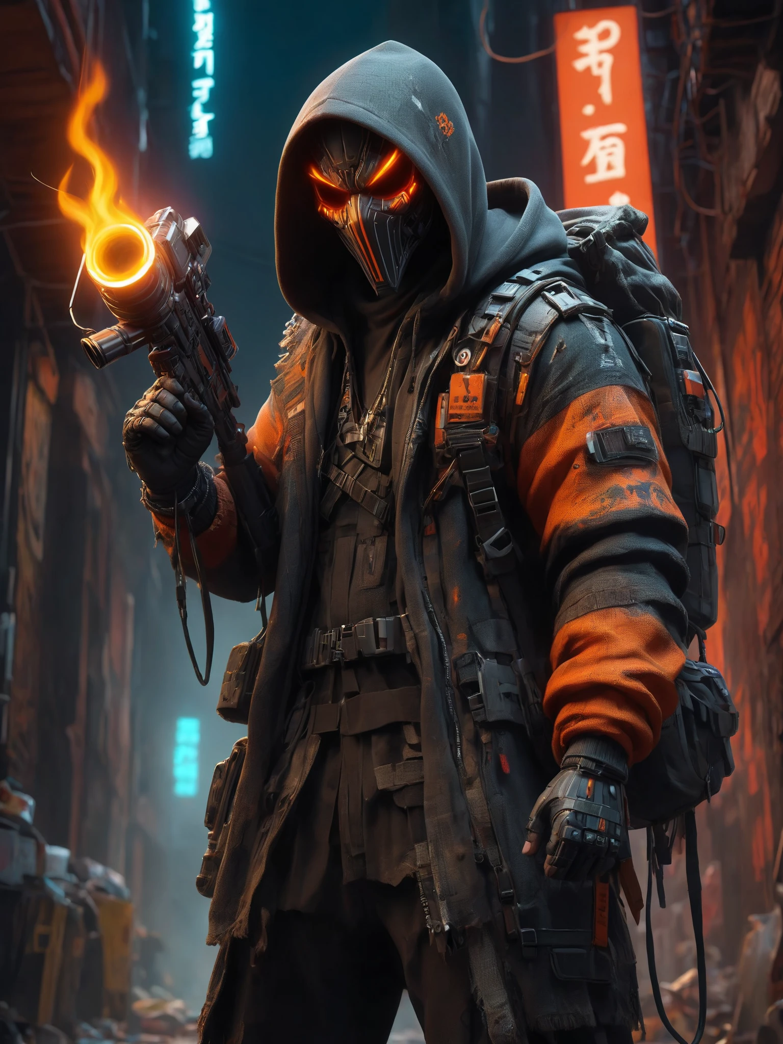 cinematic shot, dramatic lighting, man, mad-hllwnrs, hoodie, dynamic pose, (holding flamethrower:1.3), dimly lit, futuristic urban alleyway, garbage, filith, neon lights, graffiti-covered walls <lora:Neon_Cyberpunk_SDXL_Halloweener:0.8>, (masterpiece:1.2), best quality, (hyperdetailed, highest detailed:1.2), high resolution textures