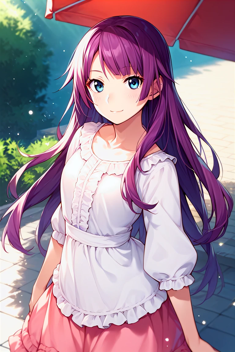 score_9, score_8_up, score_7_up, score_6_up, score_5_up, score_4_up, rating_questionable, , source_anime, digital illustration, pixiv, fanbox, uncensored, , BREAK, official art,
1girl, solo, female, hitagi senjougahara, purple hair, blue eyes, long hair, straight hair,
casual outfit, frilled dress, outdoors, light smile, blush, cowboy shot, looking at viewer, <lora:Hitagi_Senjougahara_Pony:0.8>