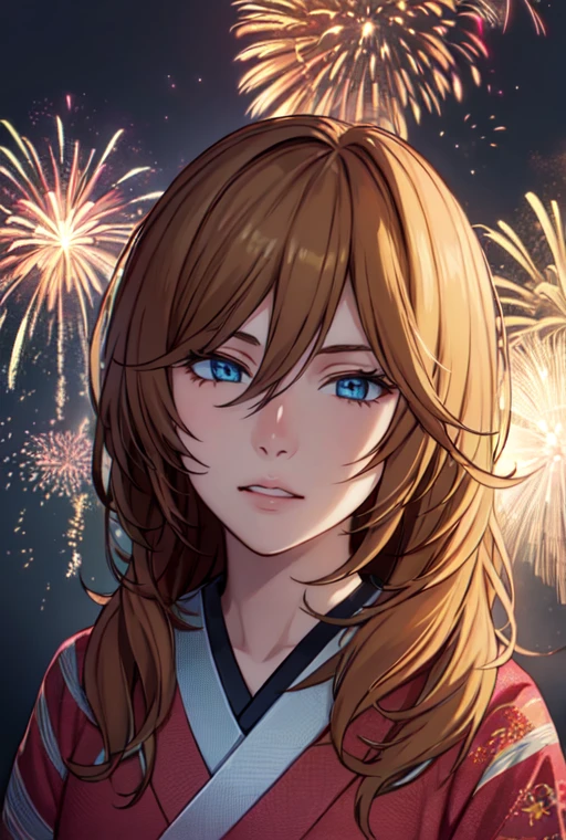 concept art <lora:KyoukoKoudaR4:0.7>, 1girl, masterpiece, high quality, highres, absurdres, KyoukoKoudaR4, blonde hair, blue eyes, portrait, long hair, hair between eyes, kimono, fireworks . digital artwork, illustrative, painterly, matte painting, highly detailed