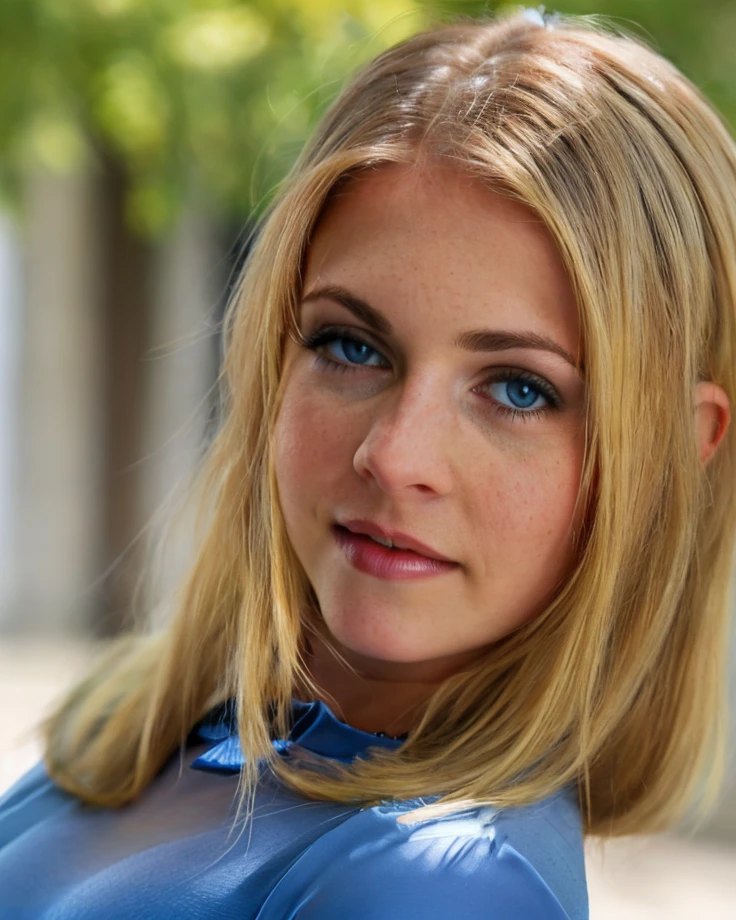 a picture of s4brina, blonde, realistic, photorealistic, detailed skin, surface scattering, bokeh, skin pores,  city streets,wearing a (blue blouse:1.2), blue eyes,outdoors, <lora:s4brina2:1>