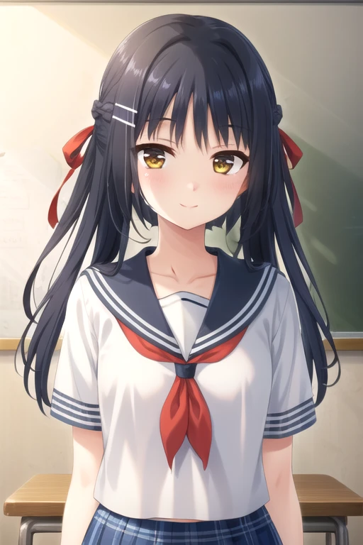 ((masterpiece)),(best quality),official art,extremely detailed CG,unity 8k wallpaper,ultra detailed,beautiful detailed eyes,extremely detailed face,classroom,1girl,solo,upper body,(portrait:1.5),looking at viewer,facing viewer,(petite:1.3),smile,Seguchi Asahi,long hair,black hair,braid,hair intakes,hair ribbon,hair ornament,hairclip,sidelocks,bangs,yellow eyes,serafuku,white shirt,blue sailor collar,plaid sailor collar,red neckerchief,short sleeves,blue cuffs,medium breasts,miniskirt,plaid skirt,white socks,black footwear,<lora:Seguchi Asahi(okjmd):0.8>,