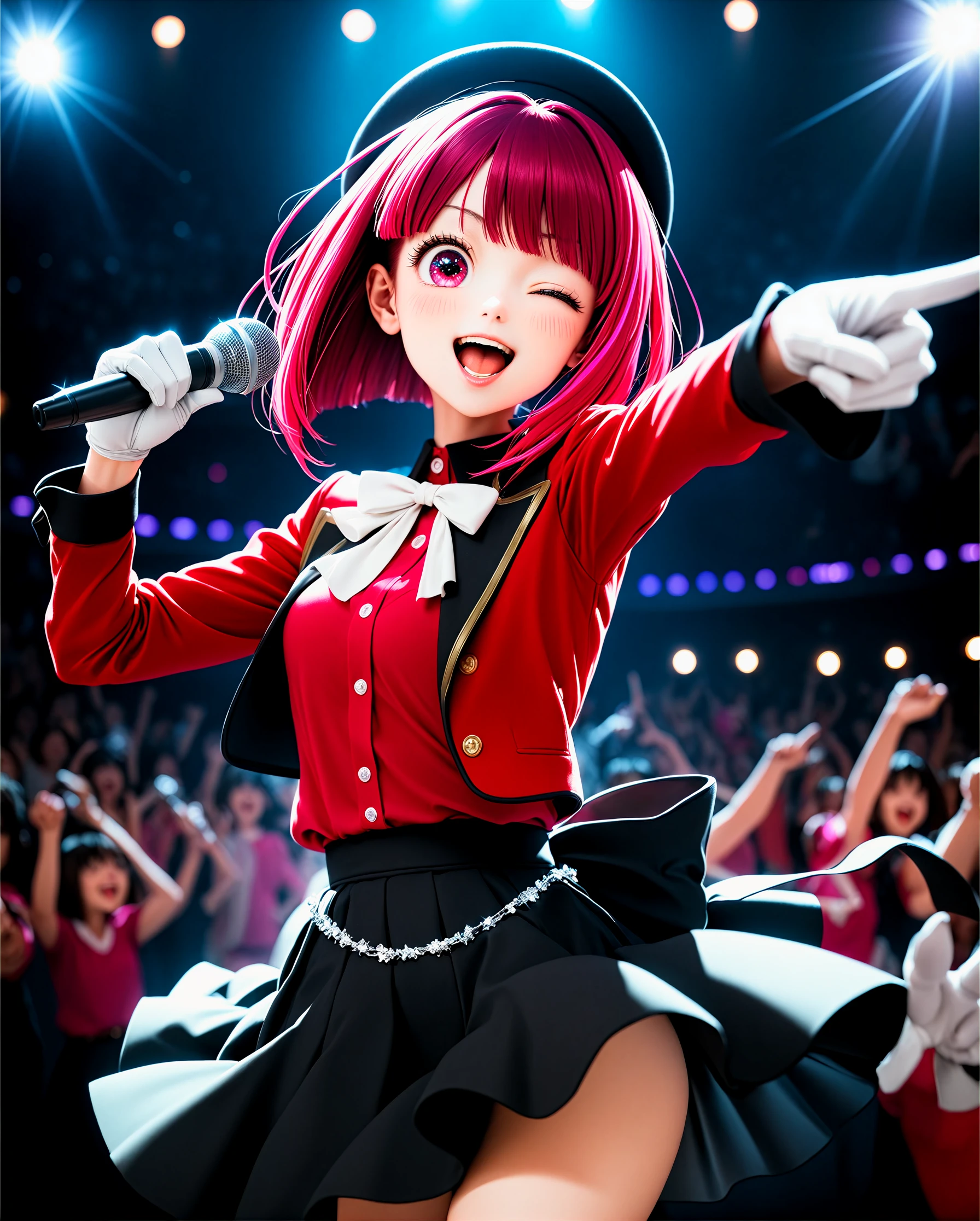 1girl, arima kana, oshi no ko, solo, idol, idol clothes, one eye closed, red shirt, black skirt, black headwear, gloves, stage light, singing, open mouth, crowd, smile, pointing at viewer, masterpiece, best quality