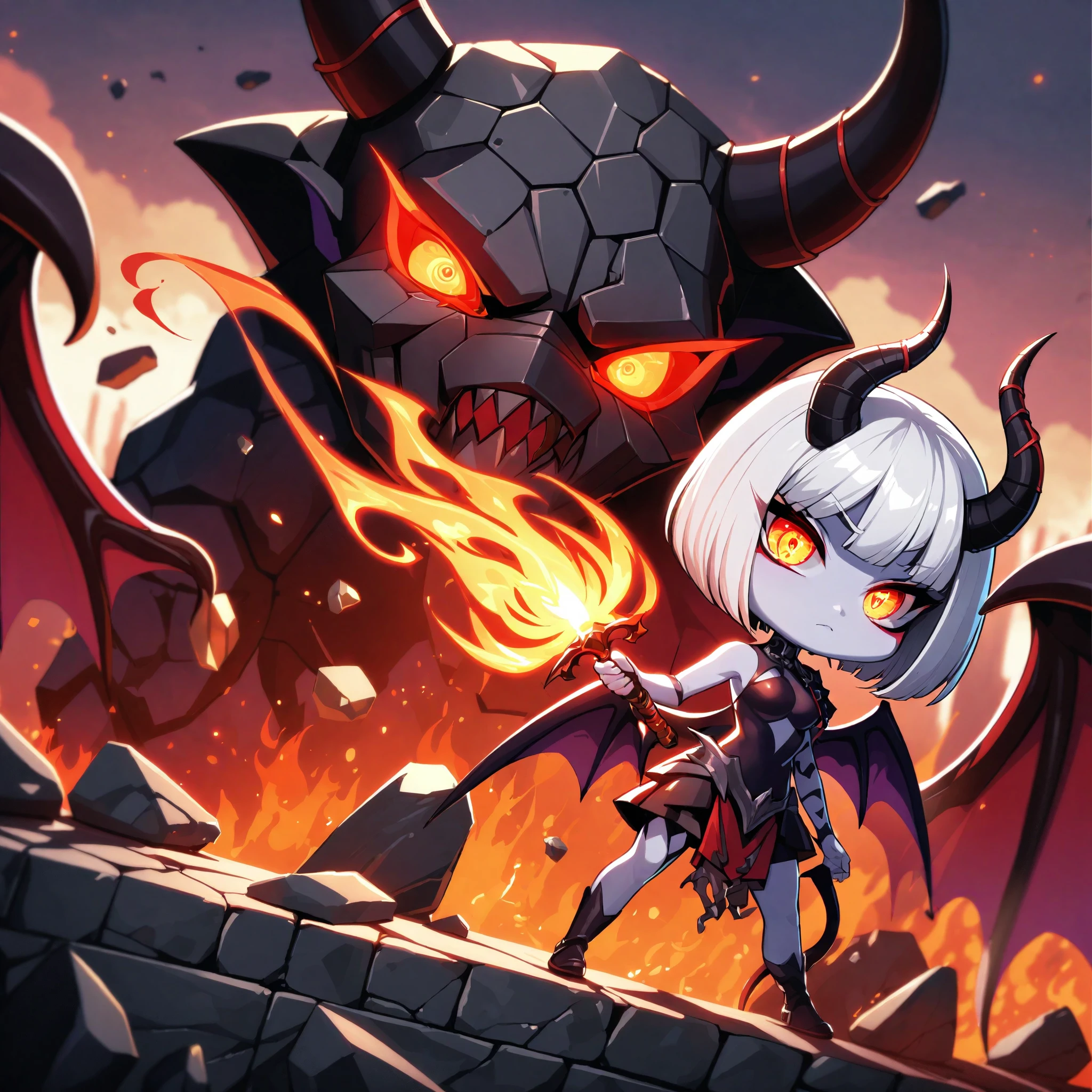 2.5D style, a demoness staring down at her latest victim with an air of arrogance, white hair, red eyes, expressionless, bob cut, looking at viewer, standing on cliff, fire in background, medium breasts, demon horns, holding sword, holding fire, raised eyebrows, shoulder pauldron, glowing eyes, lava, stone, rubble, demon wings, pale skin, expressionless,