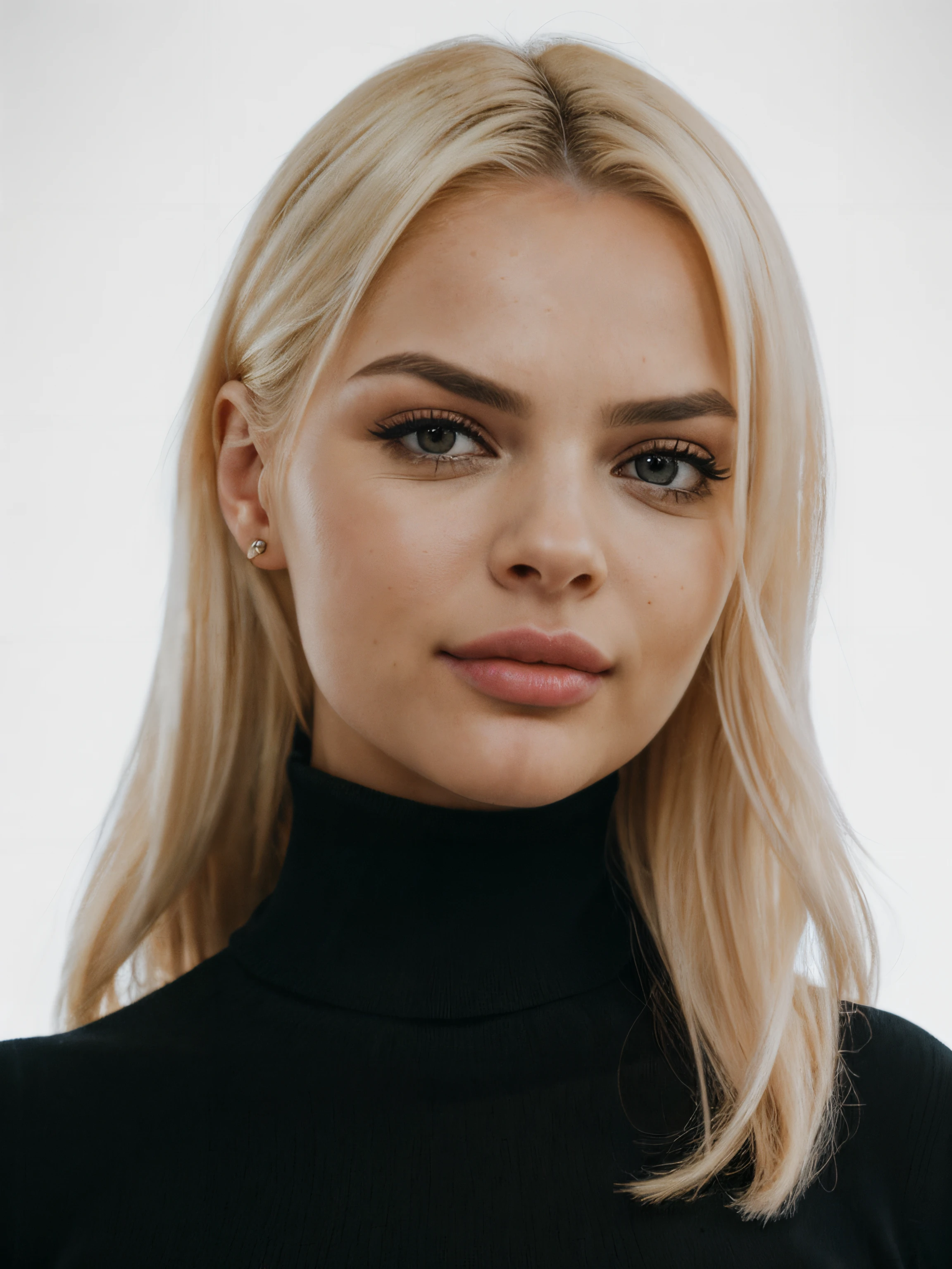 epic35mm, photo of beautiful (block_likastar-140:0.99), a beautiful woman, long perfect blonde hair, (closeup headshot), (wearing a black turtleneck jumper:1.2), (simple background), 70mm, (analog, cinematic, film grain:1.3), ((detailed eyes)), (color picture:1.1), Fujifilm XT3, <lora:epiC35mm:1>