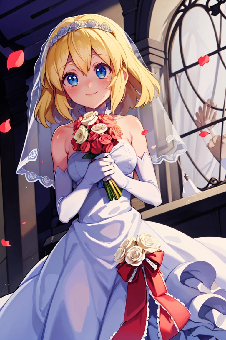 <lora:Bold_CAT:0.5>, 
((masterpiece,best quality)), 
<lora:Alice_Margatroid_Touhou:0.8>, Alice_Margatroid_Touhou,  alice margatroid, 1girl, short hair, blonde hair, 
smile, blush, 
  bride, wedding dress, bridal veil, strapless dress, elbow gloves,  holding bouquet,