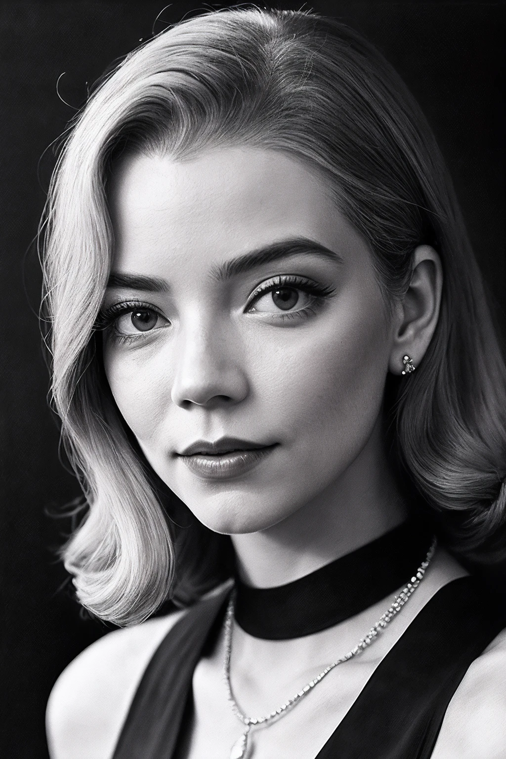 AnyaT_SoloTI_v1,
a woman, perfect hair, posing, (vintage photo, tunic), (closeup portrait), necklace, 24mm, (tintype), (analog, cinematic, film grain:1.3), ((plaing Charcoal Gray background, gradient)), ((detailed eyes)), smiling,