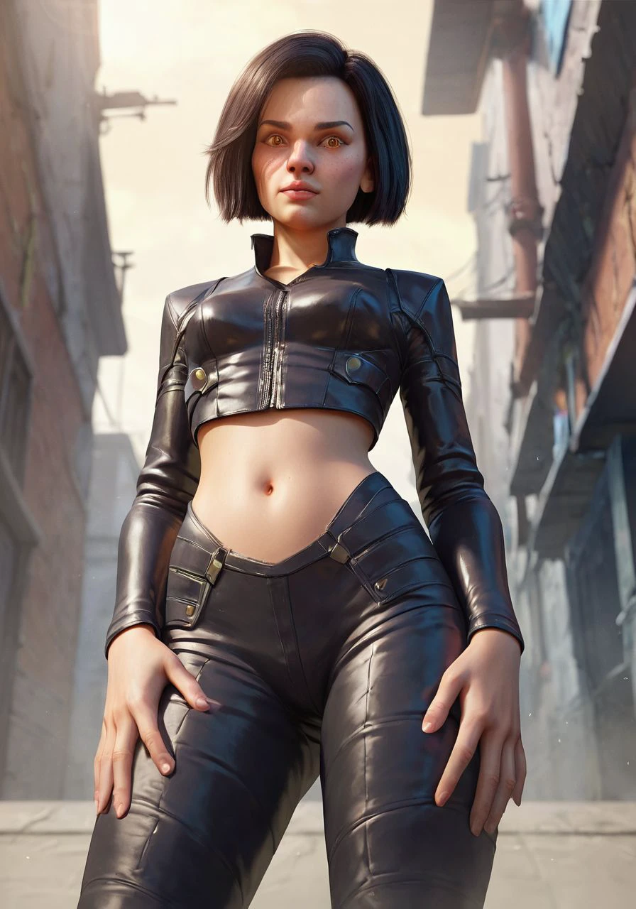 score_9, score_8_up, score_7_up, BREAK, <lora:ak1FF_PDXL:0.8> ak1ff, short hair, black hair, hazel eyes, light tan skin, light freckles, leather jacket, leather pants, high waist, boots, navel, looking at viewer, (low angle:0.5), wide shot, aloof expression, hands on thighs, wide stance, science fiction urban alley