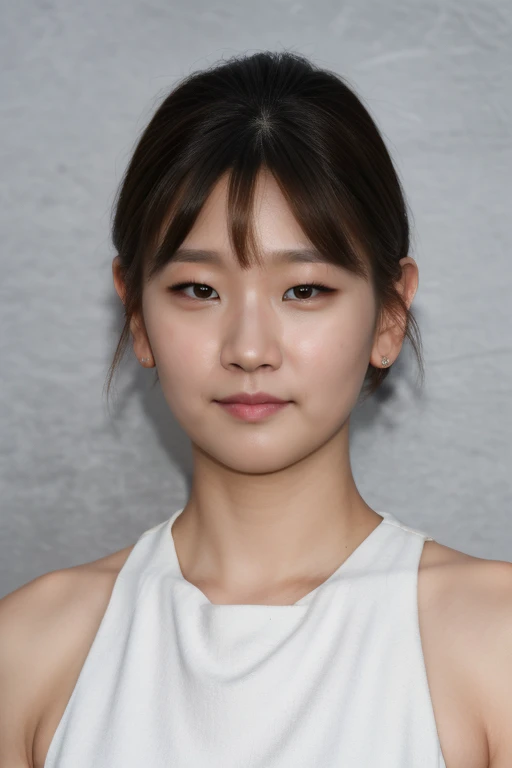 masterpiece, best quality, ultra-detailed, ultra high res, (photorealistic:1.4), raw photo, (realistic:0.2), 8k HDR, realistic lighting, 1girl, solo, standing, looking at viewer, asymmetrical short hair, (detailed oily skin), (detailed face), (simple gray background :1.1), (full body:1.2), simple white dress, sleeveless, closed mouth,