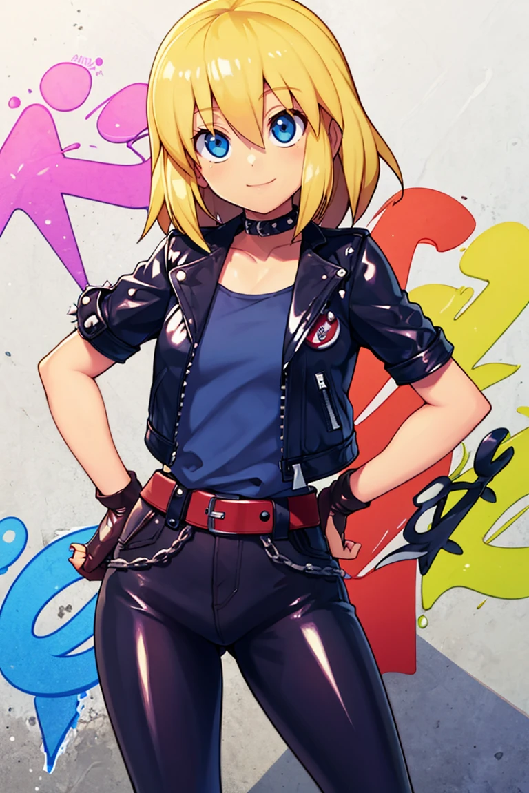 <lora:Bold_CAT:0.6>, 
((masterpiece,best quality)), 
<lora:Alice_Margatroid_Touhou:0.8>, Alice_Margatroid_Touhou,  alice margatroid, 1girl, short hair, blonde hair, 
 leather jacket, leather pants, black jacket, tight pants, black choker, zipper, fingerless gloves, biker clothes, spikes, unzipped, multiple belts, shiny clothes, high collar, (graffiti:1.2), brick wall, hand on hip, 
solo, smiling, looking at viewer, cowboy shot,