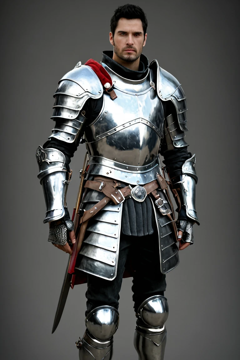 bdo_warrior, scene from movie, 1man, full body, front view, looking at viewer, short black hair, facial hair, knight armor, breastplate, gauntlets, pauldrons, greaves, chainmail, sword and shield on back, grey background, sophisticated details, sharp focus, masterpiece, perfect anatomy, handsome face, perfect hands, best quality, 8k