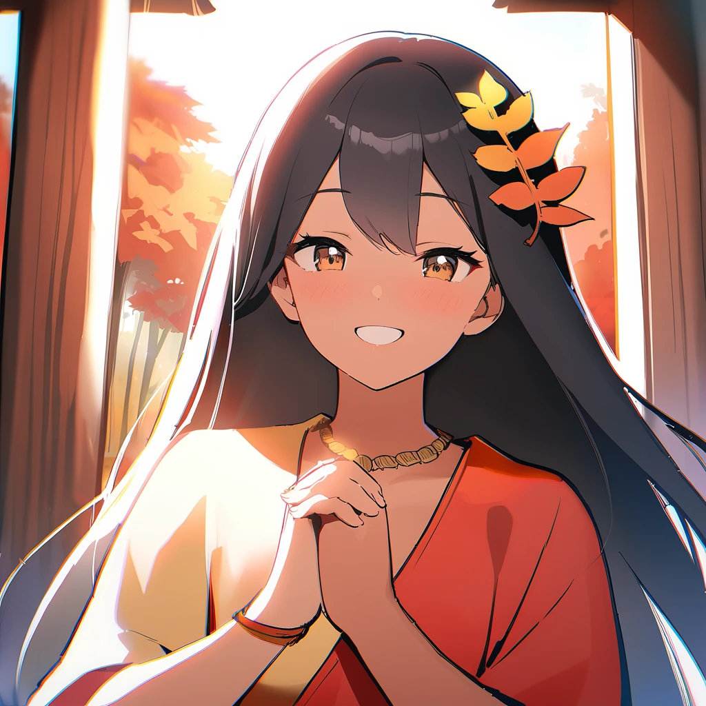 (((masterpiece)))(((anime style)))(crepuscular lighting)((((from diagonal))):1.3)((full shot):1.5) (beautiful detailed girl), 1girl ,solo, pokemon anime style, looking forward towards the shrine, <lora:animetarotV51:1> (tan skin:1.3), very long straight detailed (black hair:1.5) styled in a loose french braid, beautiful detailed brown eyes, wearing a (yellow and red:1.3)leaf print short sleeve sari top with amber, midriff exposed, flowing yellow and red sari skirt with amber, amber necklace, amber bracelet, red slippers, gold waist chain, red leaf laurel crown, hair blowing in wind, blushing, happy, beautiful smile, <lora:TEMPLESANDCHURCHES-10:0.1>(praying in an autumn forest temple:1.3), Thailand style shrine, walking in wooden altar temple of the forest god, afternoon time, deciduous forest, autumn time, dense forest in the background, highly detailed background, magical autumn leaves in the air, beautiful hands, large fluffy clouds in the air, breezy weather, detailed hands, the girl is looking at the shrine, cowboy shot, rim lighting