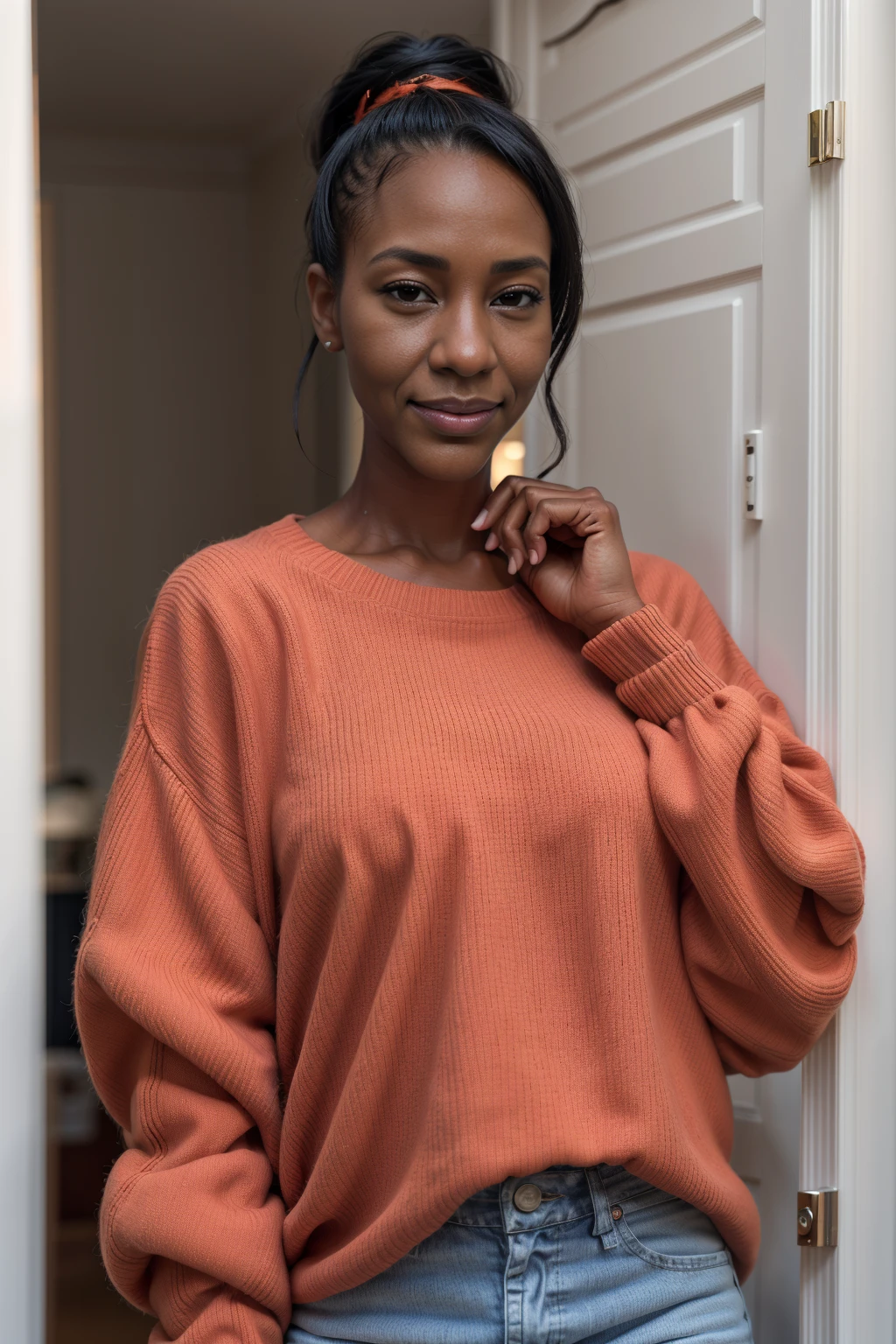 m3lina_n0texist_young wearing concealing orange poloneck sweater, smile