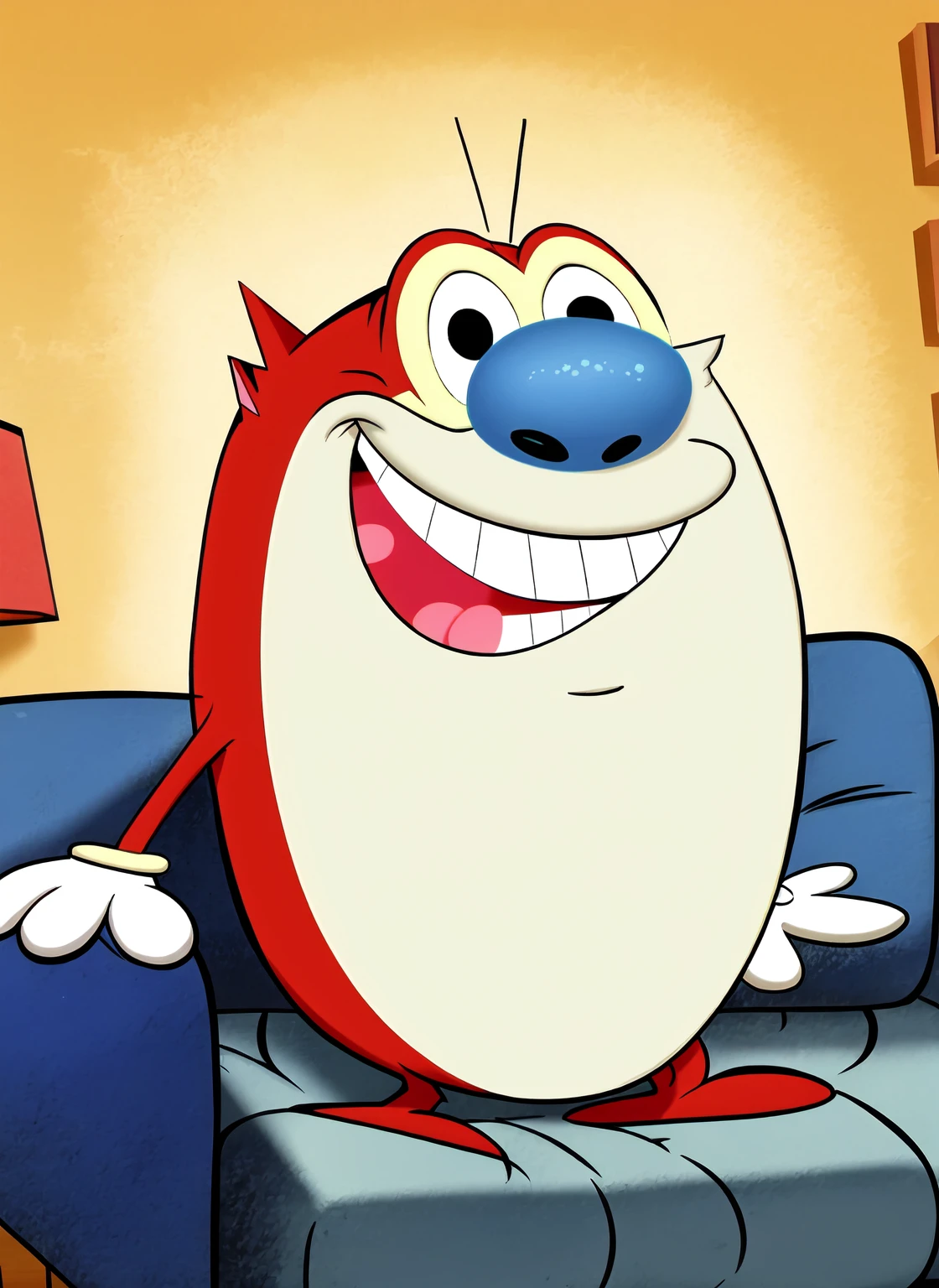 (stimpy:1), (small cartoon cat:0.3), flat colours, 2d cartoon, happy, in a livingroom <lora:Ren__Stimpy-000014:1>