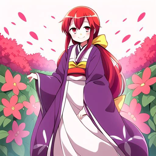 Best quality, most quality, anime style, anime girl, 1girl, solo, masterpiece, full body, smile, blush, Kotohime, 1girl, red hair, red eyes, purple kimono, long sleeves, wide sleeves, red flower markings, flower print, yellow bow, standing,