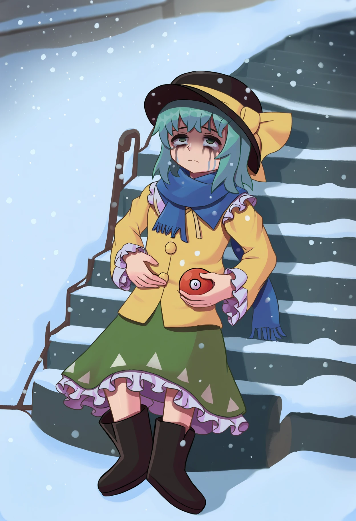 score_9, best quality, masterpiece, uncensored, source_anime
BREAK
1girl, solo, looking at viewer, closed mouth, skirt, shirt, long sleeves, hat, ribbon, green eyes, full body, boots, (lying:1.2), frills, green hair, tears, wide sleeves, (on back:1.2), medium hair, scarf, black footwear, black headwear, buttons, hat ribbon, crying, frilled skirt, frilled sleeves, blouse, green skirt, third eye, snow, tearing up, expressionless, bags under eyes, yellow shirt, yellow ribbon, snowing, eyeball, blue scarf, diamond button, komeiji koishi, hands on sides, stairs, from above
<lora:duhota_pony_v2:1>