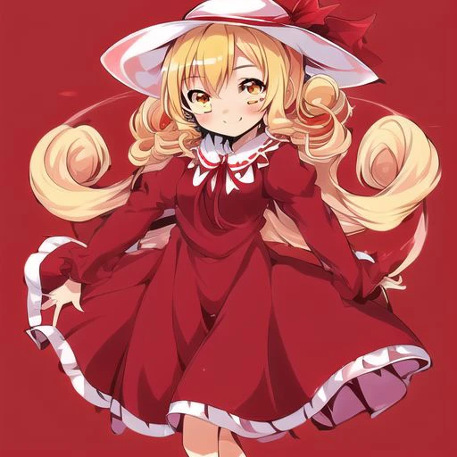 Best quality, most quality, anime style, anime girl, 1girl, solo, masterpiece, full body, smile, blush, Elly, yellow eyes, blonde hair, pink hat with a red ribbon, hat, red ribbon, dark red and pink dress, drak red dress,