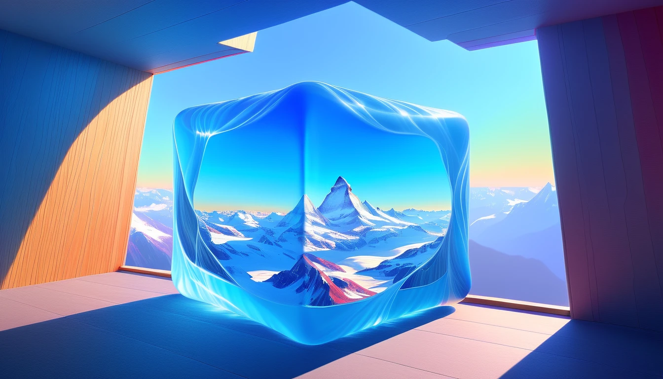Painting, landscape of a gelatinouscube from inside of The Matterhorn, Clear skies, Simple and clean, Harajuku, Direct light, Colorful, arthouse, designed by RHADS, (Martine Johanna:0.9) , rich colors