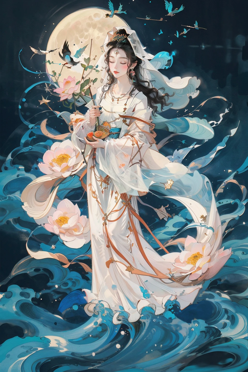 1girl,waves,closed eyes,water,black hair,flower,solo,bird,moon,jewelry,holding,long sleeves,veil,necklace,full body,lotus,long hair,dress,<lora:md-031-å¤ä»£ç¥è¯æé0.6-0.9:0.7>,, masterpiece,best quality,ultra-detailed,