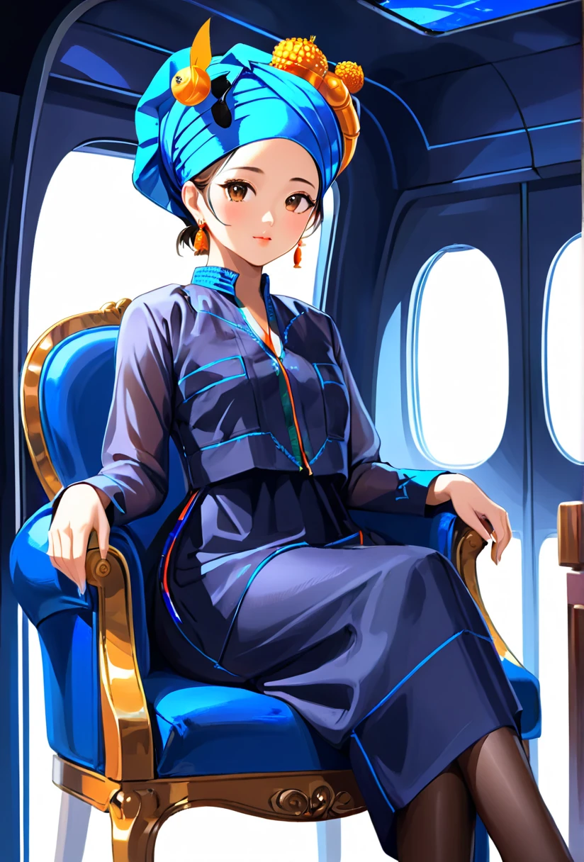 Young asian girl on a luxurious aircraft, paoh dress, navy blue paoh traditional dress, turban, beautiful face, sitting posture on a chair, transparent blouse, tights, seated figure that catches the eye with beautiful legs, digital artwork, luxurious and glamorous style, ambient cabin lighting, expressive artist, Luxurious and elegant tones, detailed and stylized high resolution emphasize charm. <lora:paoh_dress-000003:1>