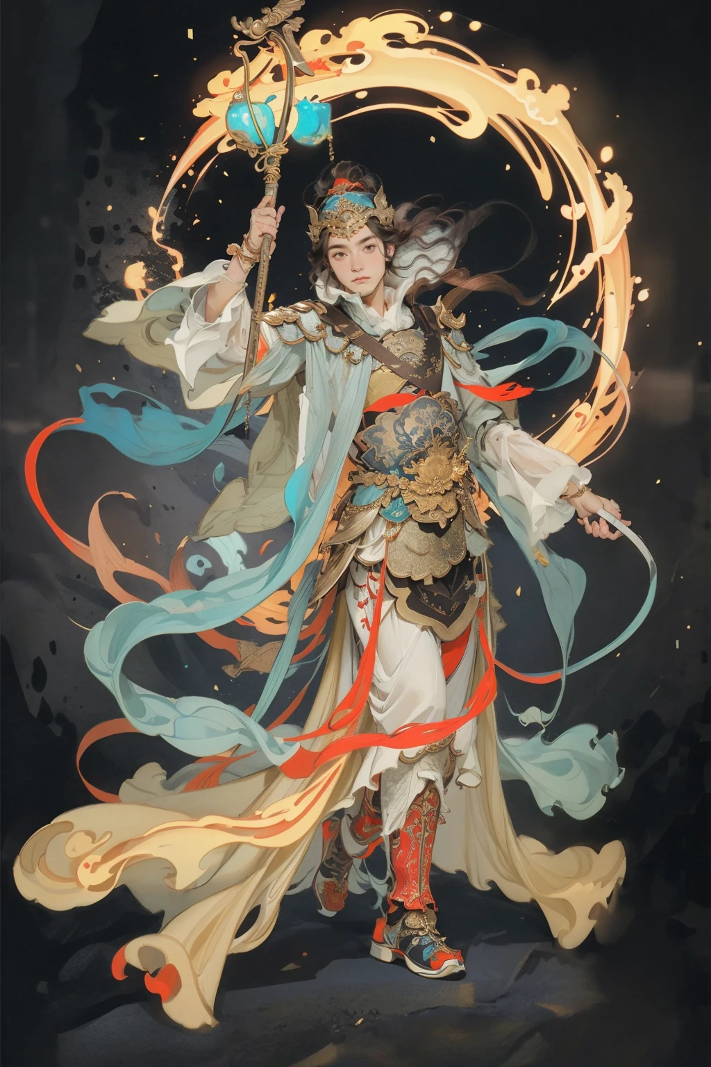 md, solo, holding, armor, 1boy, full body, male focus, holding weapon, long sleeves, holding staff, weapon, staff, shoes, closed mouth<lora:md-031-å¤ä»£ç¥è¯æé0.6-0.9:0.7>,, masterpiece,best quality,ultra-detailed,
