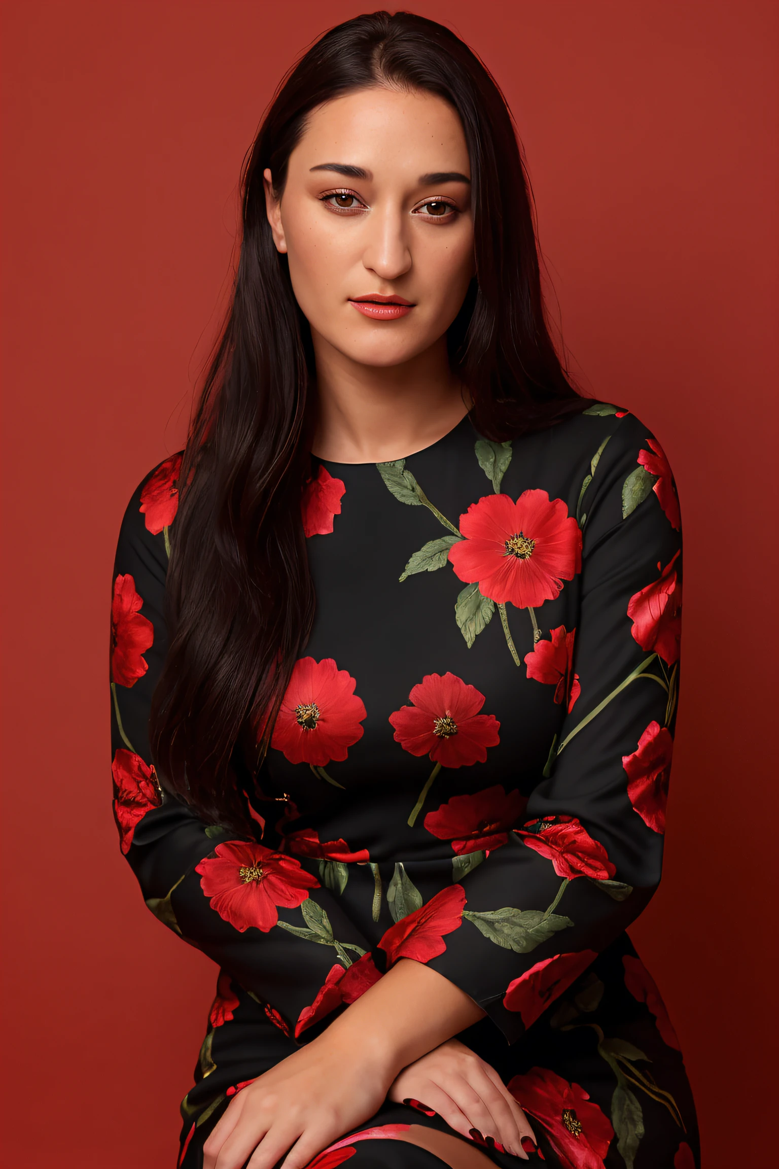 sara_tomko, woman, portrait, highly-detailed, ultra-realistic, red background, black flower dress with long sleeves,
 <lora:sara_tomko:0.8>