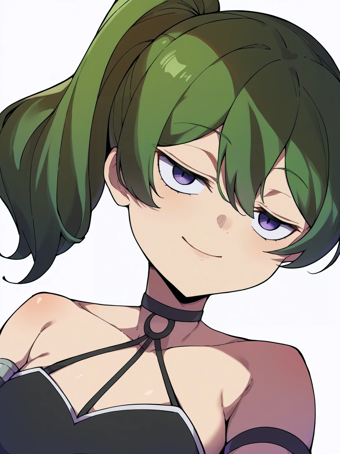 score_9, score_8_up, score_7_up, score_6_up, score_5_up, score_4_up, BREAK, source_cartoon, source_anime,
1girl, ubel, green hair, side ponytail, purple eyes, chocker, bare shoulders, black dress, arm strap, armlet, black dress,
upper body, smile, looking at viewer, solo, simple background, white background <lora:UbelXL:1>