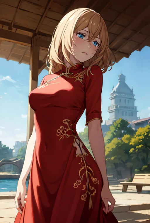 concept art <lora:KyoukoKoudaR4:0.7>, 1girl, masterpiece, high quality, highres, absurdres, KyoukoKoudaR4, blonde hair, blue eyes, long hair, hair between eyes, solo, china dress, outdoors, . digital artwork, illustrative, painterly, matte painting, highly detailed