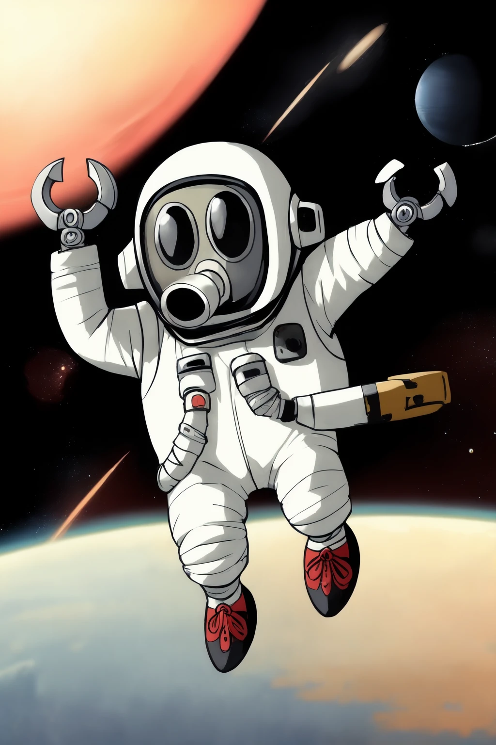 toribot, 1boy, solo,chibi, humanoid robot, (wrench hand), gas mask, male focus, full body, space, space helmet, astronaut,floating,planet, (best quality, masterpiece) <lora:toribot_v1:1>