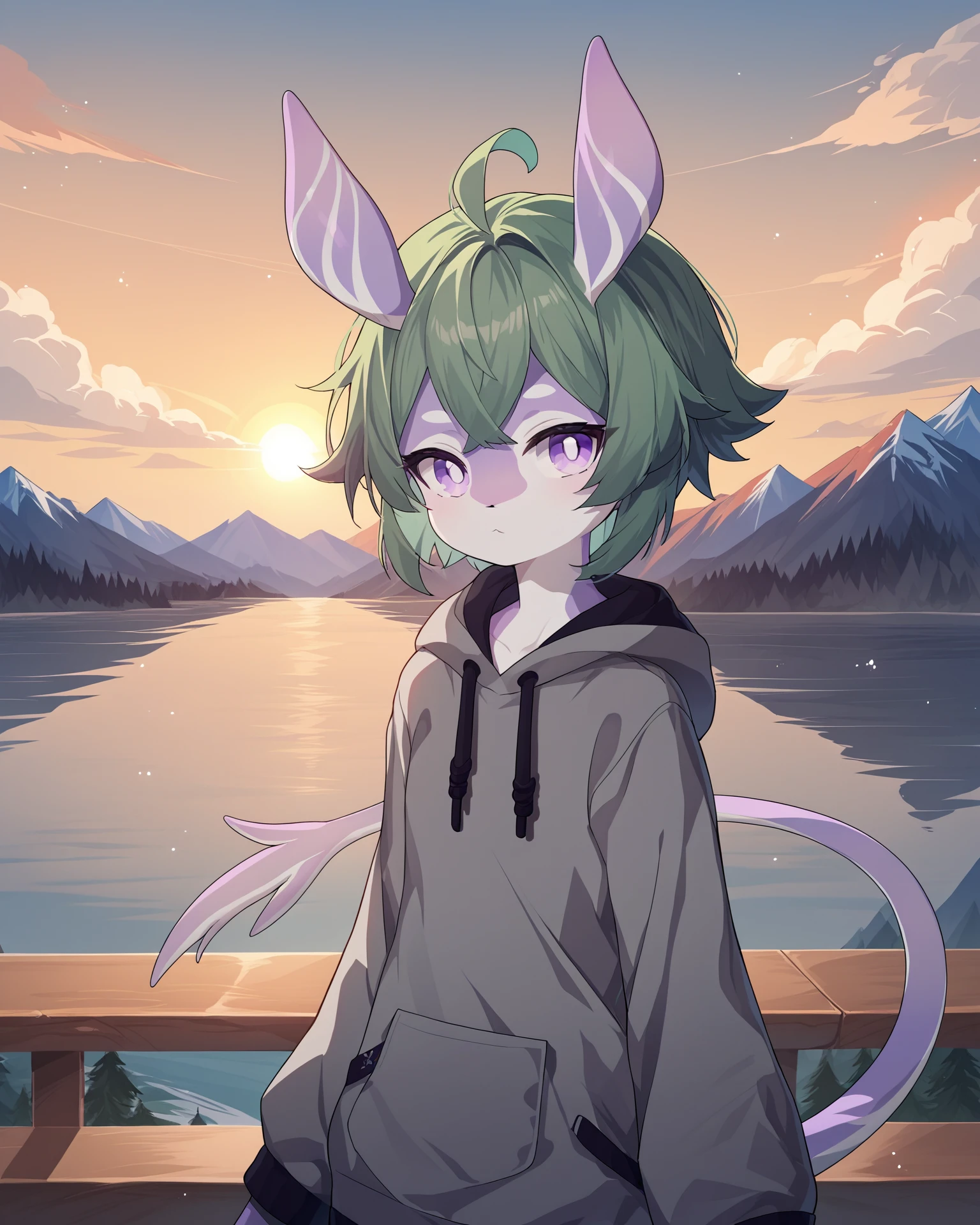 score_9, score_8_up, score_7_up, score_6_up, score_5_up, source_anime, <lora:MelusineSDXL-V1:1>, BREAK
melusine, purple skin, short green hair, purple eyes, straight ears, thin tail, grey hoodie, looking at viewer, sunset, mountains in background