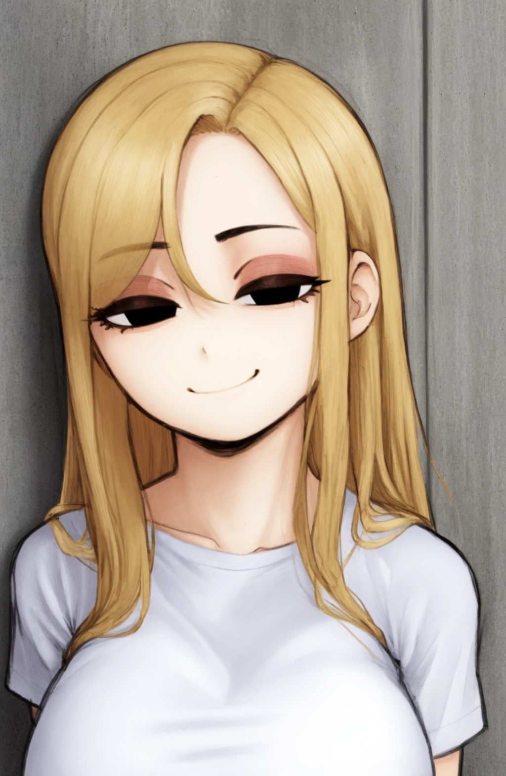 SixbenSoap \(Artist\), masterpiece, 1girl, ((portrait shot)), sketch, detailed black eyes, smile, nose,blonde hair, eyeliner, huge sagging breasts, closed mouth, looking at viewer, long hair, t-shirt , background: leaning against a wall, solo, upper body,<lora:SixbenSoap Style:1>