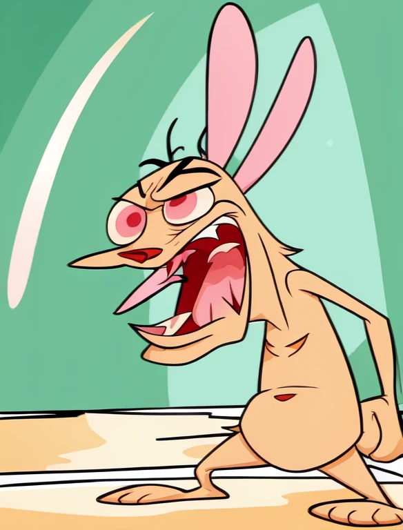 ren, solo, cartoon dog,  skinny, short, angry, shout, rabbit ears, in a room, cell shading, flat colours, thick outlines,   <lora:Ren__Stimpy-000013:1>