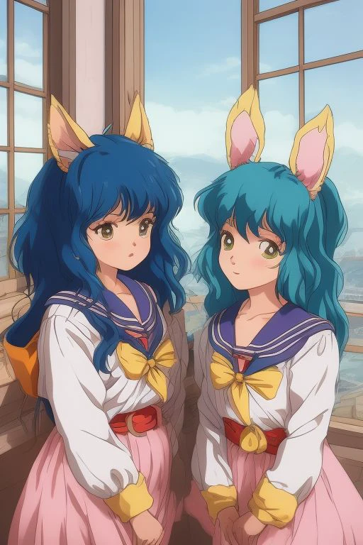 An 80s anime-style illustration featuring two girls with contrasting hair (think vibrant blue and sunshine yellow) in unique sailor outfits (different colored collars and accents possible) takes center stage in a medium shot,  view facing left.  A friendly fantasy creature, like a small fluffy dragon or a winged rabbit, accompanies them.  A single detailed background element, such as a flowering cherry blossom branch, a technological control panel, or a window showcasing a fantastical vista, adds depth to the scene. The color palette pops with highlights, maintaining the classic 80s anime aesthetic with a touch more energy.