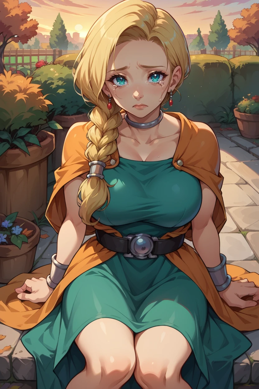score_9, score_8_up, score_7_up, source_anime BREAK 1girl, solo, <lora:dqbianca-pdxl-nvwls-v1:1> dqBianca, single braid, hair over shoulder, earrings, choker, orange cape, green dress, belt, large breasts, tears in eyes, looking at viewer, sad, sunset, garden, autumn, sitting on the ground