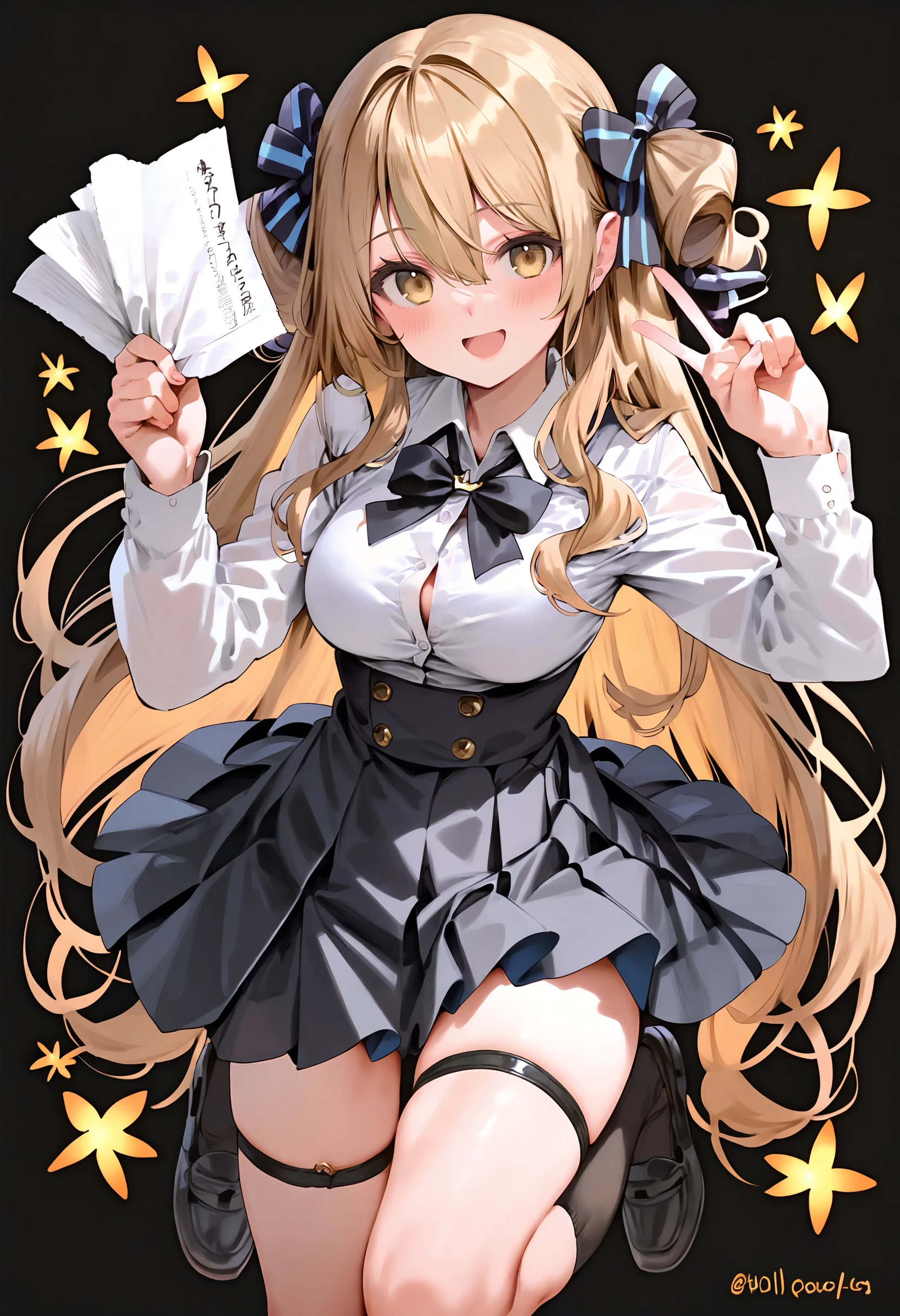 score_9,score_8_up,score_7_up,<lora:PDFA_Style6559515941d2a06gas10-000525:0.8>,1girl,solo,bangs,blush,smile,looking at viewer,:d,black bow,black footwear,black skirt,bow,breasts,brown hair,character name,collared shirt,dress shirt,hair between eyes,hair bow,hand up,high-waist skirt,holding paper,kneehighs,loafers,long hair,long sleeves,medium breasts,miniskirt,open mouth,pleated skirt,shirt,shoes,skirt,standing,thigh strap,very long hair,white shirt,yellow eyes