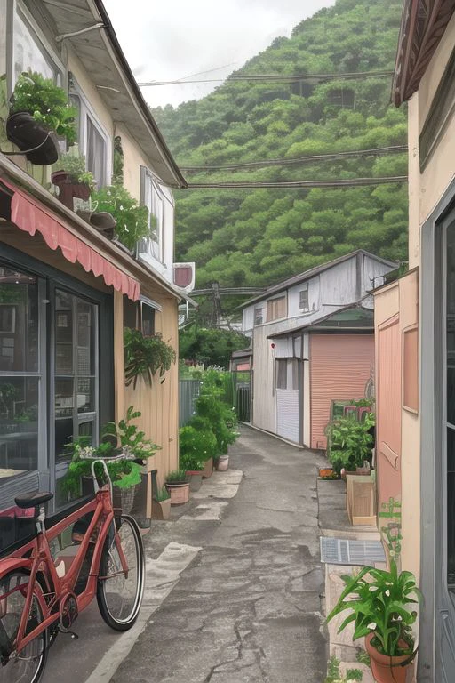 LoFi Aesthetic, (masterpiece, best quality, ultra-detailed, highres), bicycle, no humans, outdoors, power lines, rain, utility pole, ground vehicle, plant, scenery, road, street, house, building, potted plant, sign, window, flower, air conditioner, flower pot, sky Lofi Pastel color