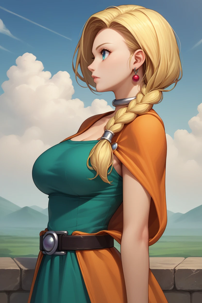 topless,show off nipples,score_9, score_8_up, score_7_up, source_anime BREAK 1girl, solo,  dqBianca, single braid, hair over shoulder, earrings, choker, orange cape, green dress, belt, large breasts, profile, sky, clouds