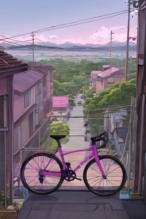 Purple, pink , orange , indigo , LoFi Aesthetic, (masterpiece, best quality, ultra-detailed, highres), bicycle, no humans, outdoors, power lines, rain, utility pole, ground vehicle, plant, scenery, road, street, house, building, potted plant, sign, window, flower, air conditioner, flower pot, sky Lofi Pastel color