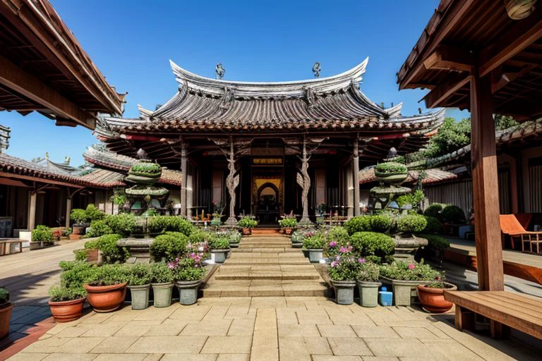 architecture, landscape, scenery, east asian architecture, Lukang Longshan temple, (Taiwanese temple, Hokkien architecture, Southern Min architecture) East Asia, vintage, historical, heritage, trational, ancient, wooden structure, orange tiled roof, upward curve ridge roof, trees, best quality, masterpiece, <(realistic:1.3), intricate details>, 8k, RAW photo, (otherworldly, otherworldly atmosphere, otherworldly appearance),  (fantasy world)