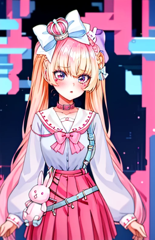 best quality, (masterpiece),(ultra-detailed), (high quality), (high resolution), <lora:linavermillion:0.7>,lina vermillion, 1girl, solo, long hair, bangs, skirt, blonde hair, shirt, long sleeves, bow, twintails, very long hair, purple eyes, pink hair, braid, hair bow, heart, multicolored hair, pleated skirt, sailor collar, collar, stuffed toy, stuffed animal, crown, pink bow, pink skirt, rabbit, stuffed bunny, rabbit hair ornament, pink sailor collar, pink collar