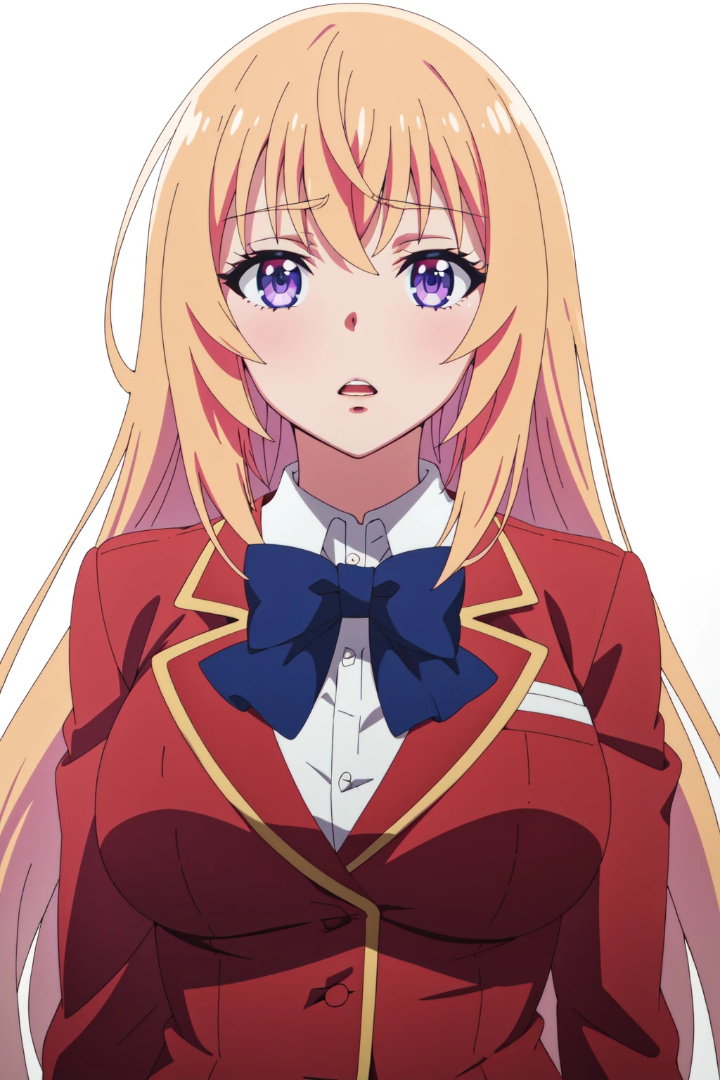 <lora:anime_screencap_v2:0.3>
portrait, solo focus, solo, close-up, (white background, plain background, simple background:1.3), looking at viewer, (parted lips:1.2), (sunlight, bright, sunshine
:1.2)
 <lora:cote_ichinose-03:0.8> cote_ichinose, 1girl, long hair, solo, school uniform, bow, purple eyes, breasts, upper body, looking at viewer, blonde hair, jacket, blue bow, bowtie, shirt, blazer, large breasts, white shirt, open mouth, red jacket, blue bowtie