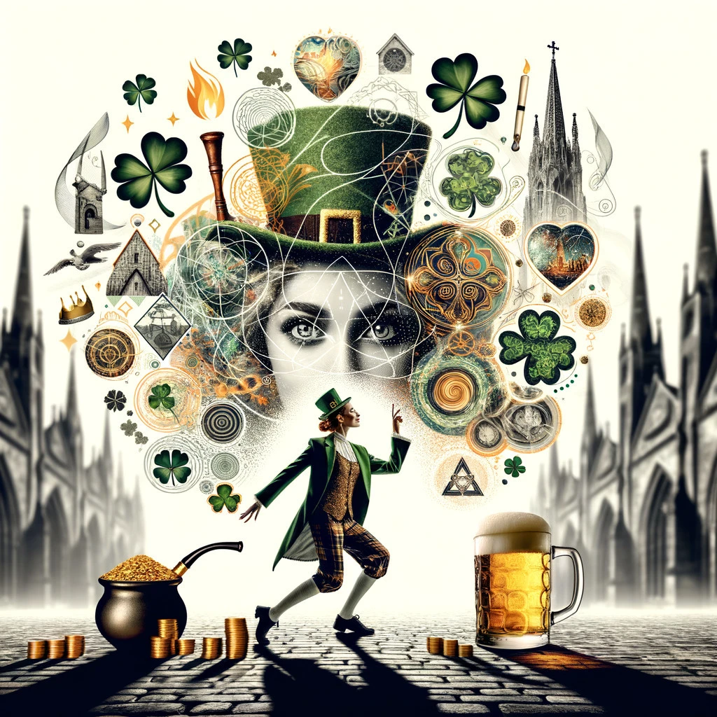 masterpiece, best quality, 1 Celtic Leprechaun Woman, "Elements of St. Patrick's Day" by Michael William Kaluta and Afarin Sajedi, (animated, cute, expertly executed: 1.4), poster, bold lines, overly detailed, expressive, award-winning, (frame from the film:1.4), (intricate details, masterpiece, best quality: 1.4), a look at the viewer, dynamic pose, wide viewing angle, masterpiece, best quality, silhouette of a woman in a leprechaun costume and a leprechaun hat, Karn Griffiths, Emily Kell, Steve McCurry, Jeffrey Terence, Aaron Horkey, Jordan Grimmer, Greg Rutkowski, amazing depth, double exposure, surrealism, geometric patterns, modern elements of the cathedral St. Patrick's Day, shamrocks, golden pot, pipe, harp, candle, beer, Celtic cross, intricate details, bokeh, perfectly balanced, deep fine borders, artistic, smooth, excellent work of the head of the rapid development department,<lora:Zenpainting l h¦...ææç"-SDXL_v1.0:0.7>, illustration of Zen painting,