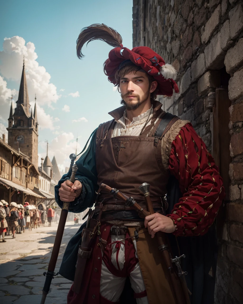 best quality,masterpiece,highly detailed,ultra-detailed,   
<lora:neg4all_bdsqlsz_V3.5:-1> <lora:Landsknecht:1>1boy,facial hair,  landsknecht, weapon, hat, solo, holding weapon, cityscape, multicolored clotjes,