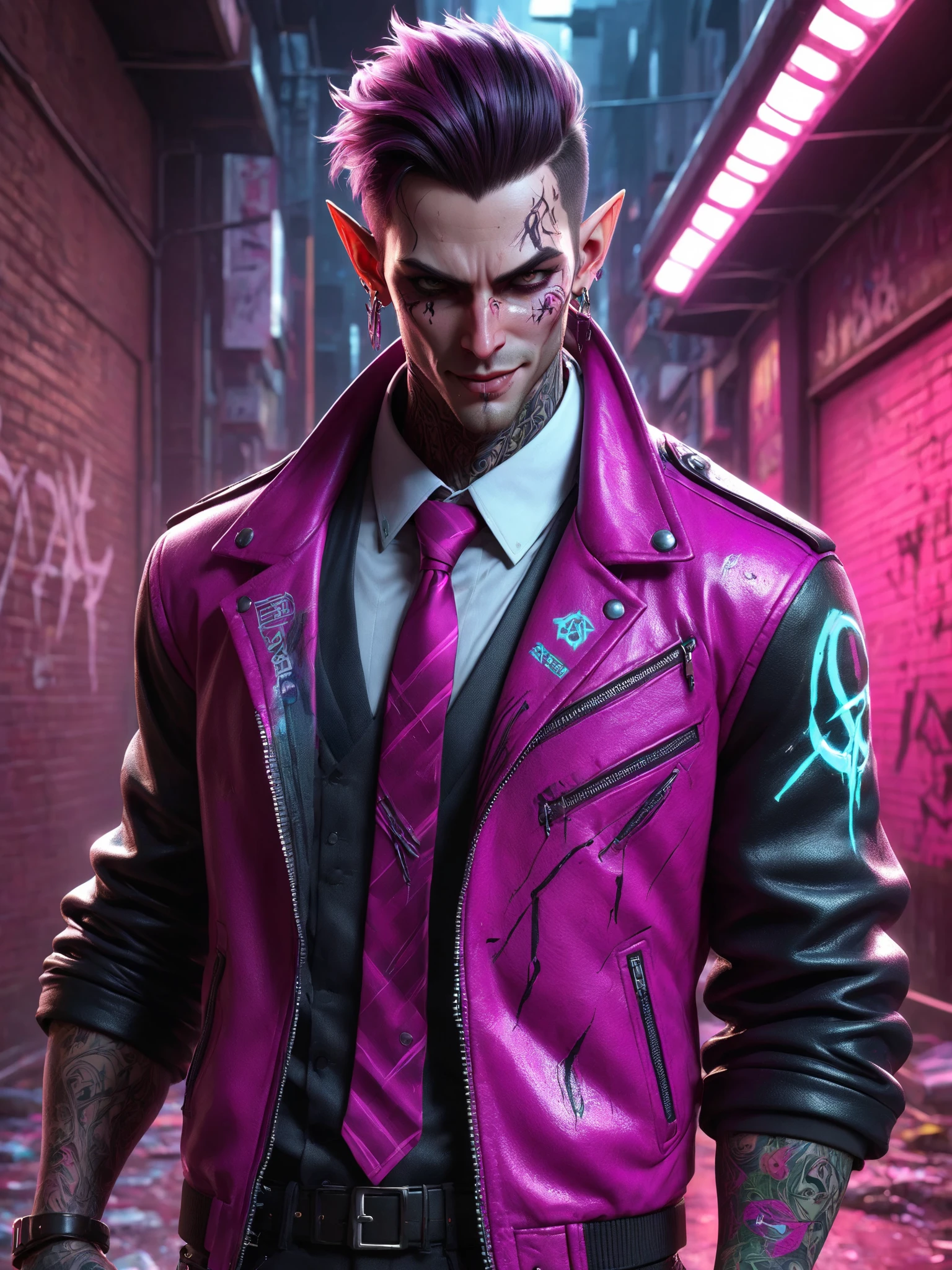 cinematic shot, dramatic lighting, man, mad-ancnts, dynamic pose , baseball bat, (evil grin:1.2), magenta jacket, shirt, tie, dimly lit, futuristic urban alleyway, garbage, filth, neon lights, graffiti-covered walls <lora:Neon_Cyberpunk_SDXL_Ancients:0.7>, (masterpiece:1.2), best quality, (hyperdetailed, highest detailed:1.2), high resolution textures