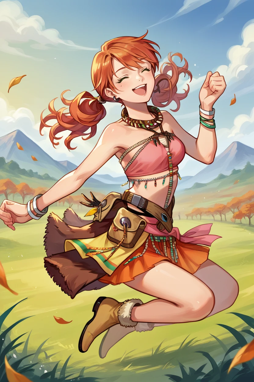 score_9, score_8_up, score_7_up, source_anime BREAK 1girl, solo,  <lora:vanille-pdxl-nvwls-v1:1> vanille, twintails, green eyes, tribal jewelry, earring, necklace, bracelet, beads, pink crop top, belt, sarong, closed eyes, happy, jumping, fur-trimmed boots, field, autumn